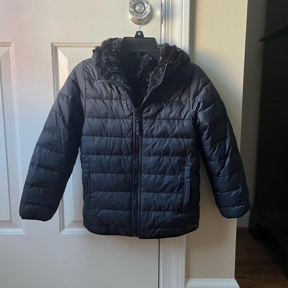 EUC Lands End black Reversible Fleece Lined Synthetic Jacket, size Large (7)